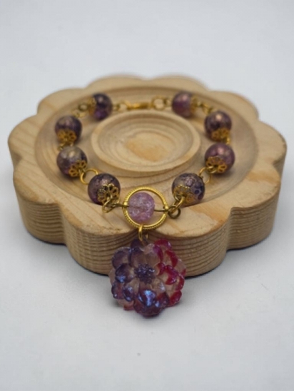 Handmade Gold & Purple Beaded Bracelet with Floral Charm – Elegant Jewelry